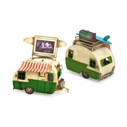 Wohnwagen hellgrün aus Metall mit Rahmen + Spardose Größe ca. 23x19x13,5 cm - Antike Deko