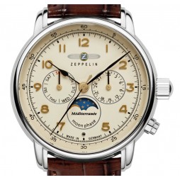 Zeppelin Méditerranée Herrenuhr Chronograph m. Mondphase 96365 mit Lederarmband