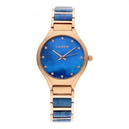 LAiMER Uhr Damen Polly Nussbaumholz , Edelstahl Roségold vergoldet , Perlmutt