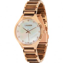 LAiMER Uhr Damen Pixie Nussbaumholz , Edelstahl Roségold vergoldet , Perlmutt