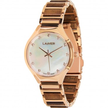 LAiMER Uhr Damen Pixie Nussbaumholz , Edelstahl Roségold vergoldet , Perlmutt